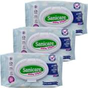 Set of 3 Sanicare Baby Wipes Unscented 80's Blue