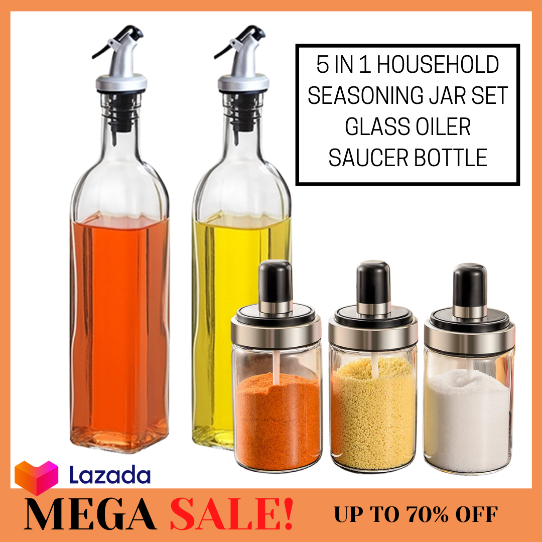 MEGA SALE!! 5 in 1 Household Seasoning Jar Set Glass Oiler Saucer