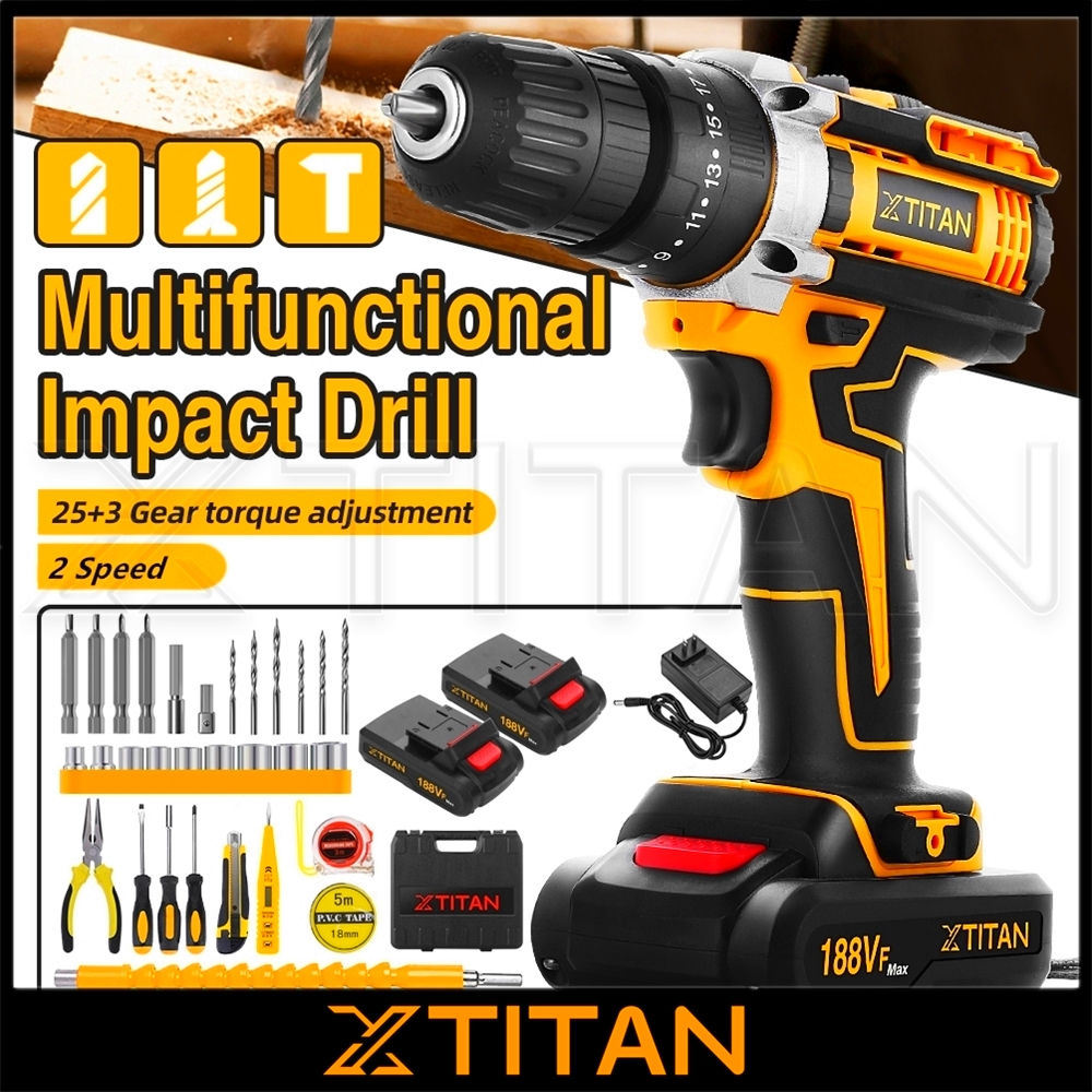 【Original】2X Batteries Cordless Impact Drill 3Mode with Hammer