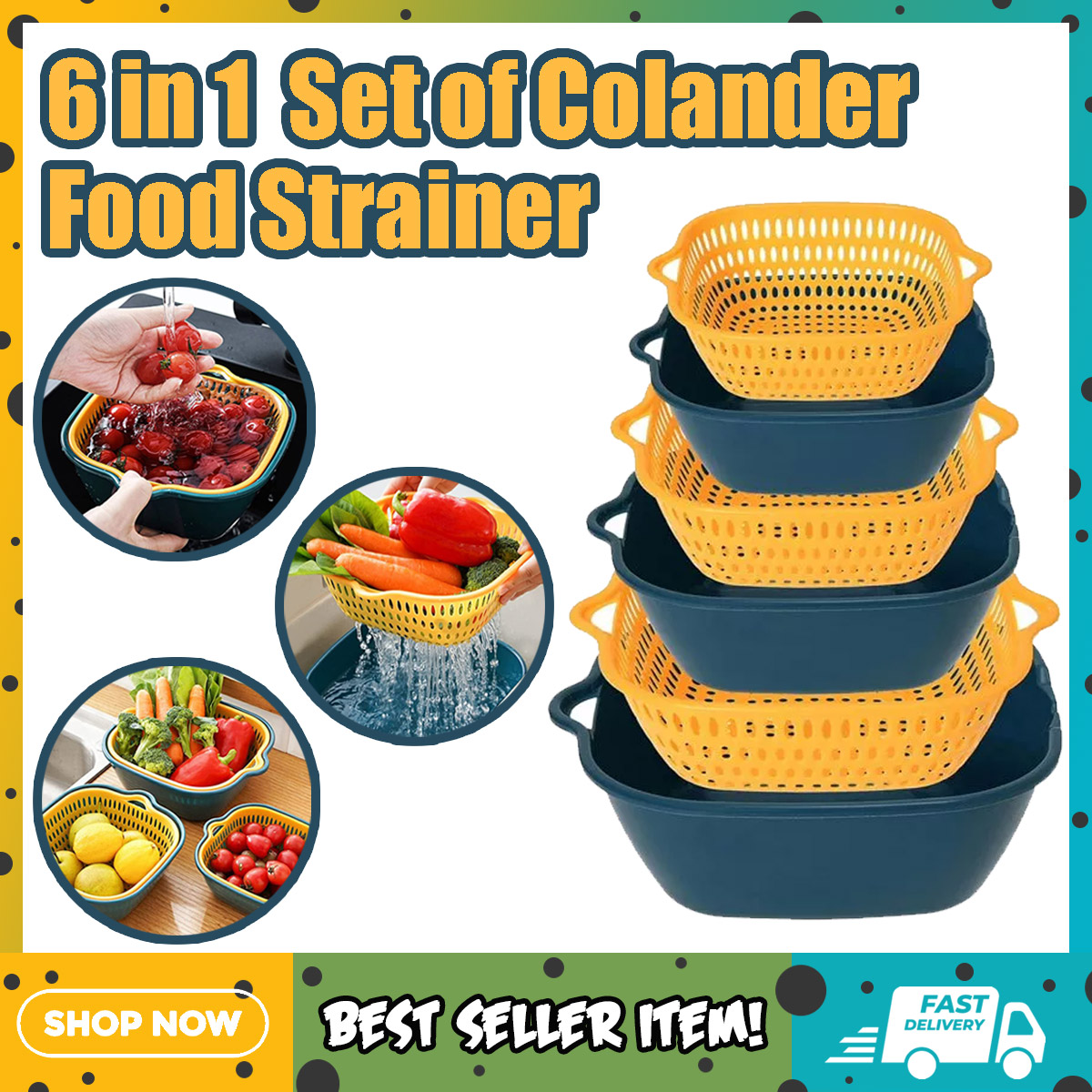  6PCS Kitchen Colander Strainer Set Vegetable Washing