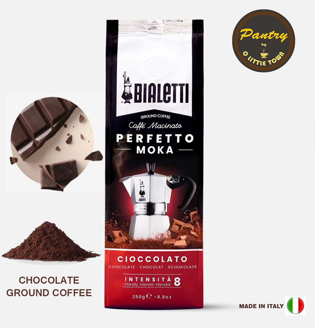 Bialetti Chocolate/Vanilla/Hazelnut Flavored Ground Coffee, FEB 2024,  250grams, Made in Italy