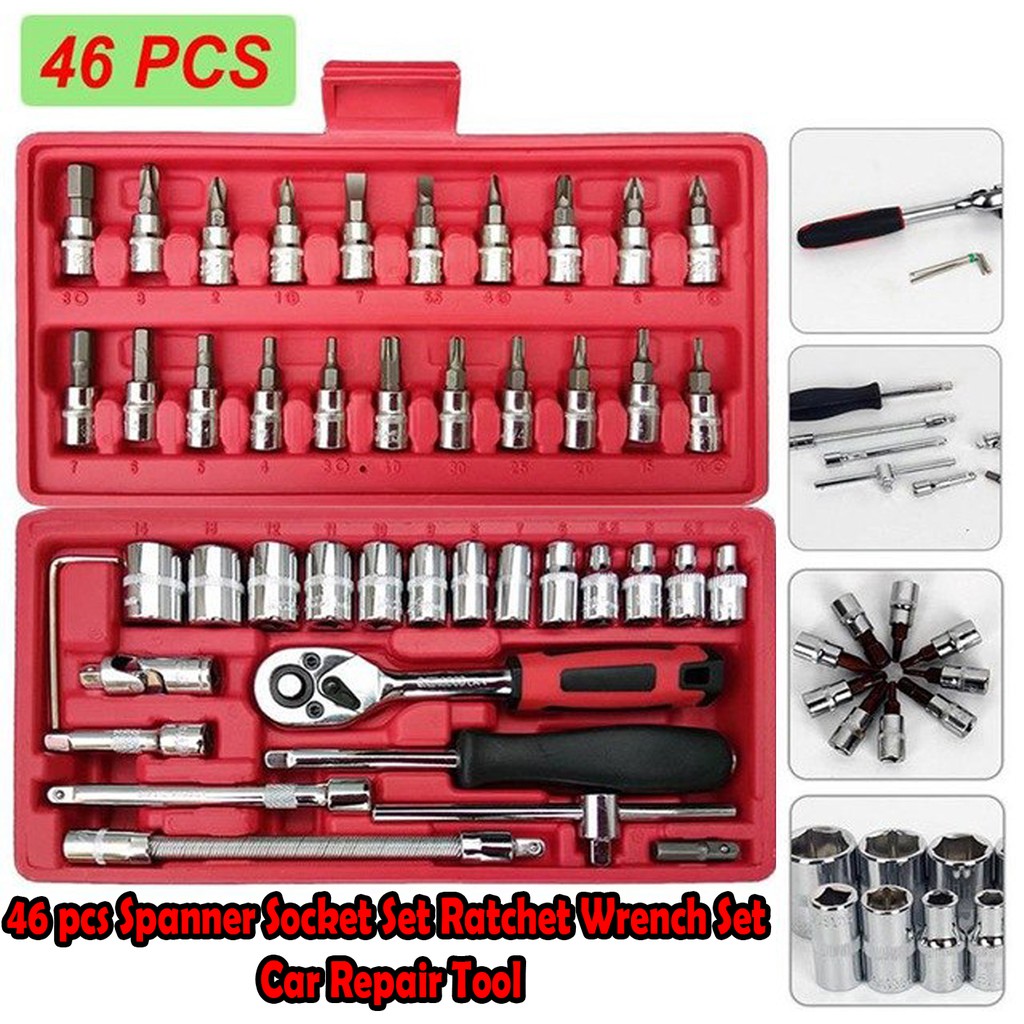 46 Pcs Tool Box Spanner Socket Wrench Set 1/4