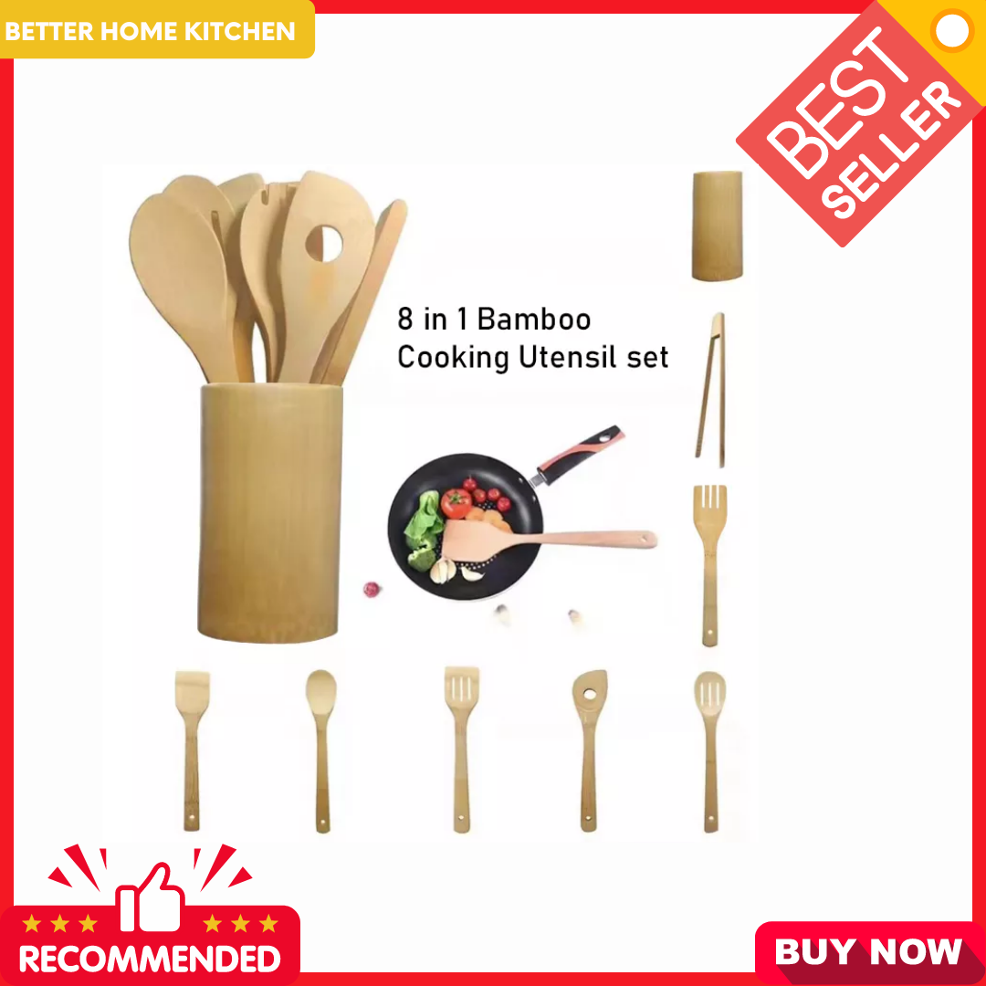 8 in 1 Eco FriendlyBamboo Kitchen Utensil Set Natural Wooden