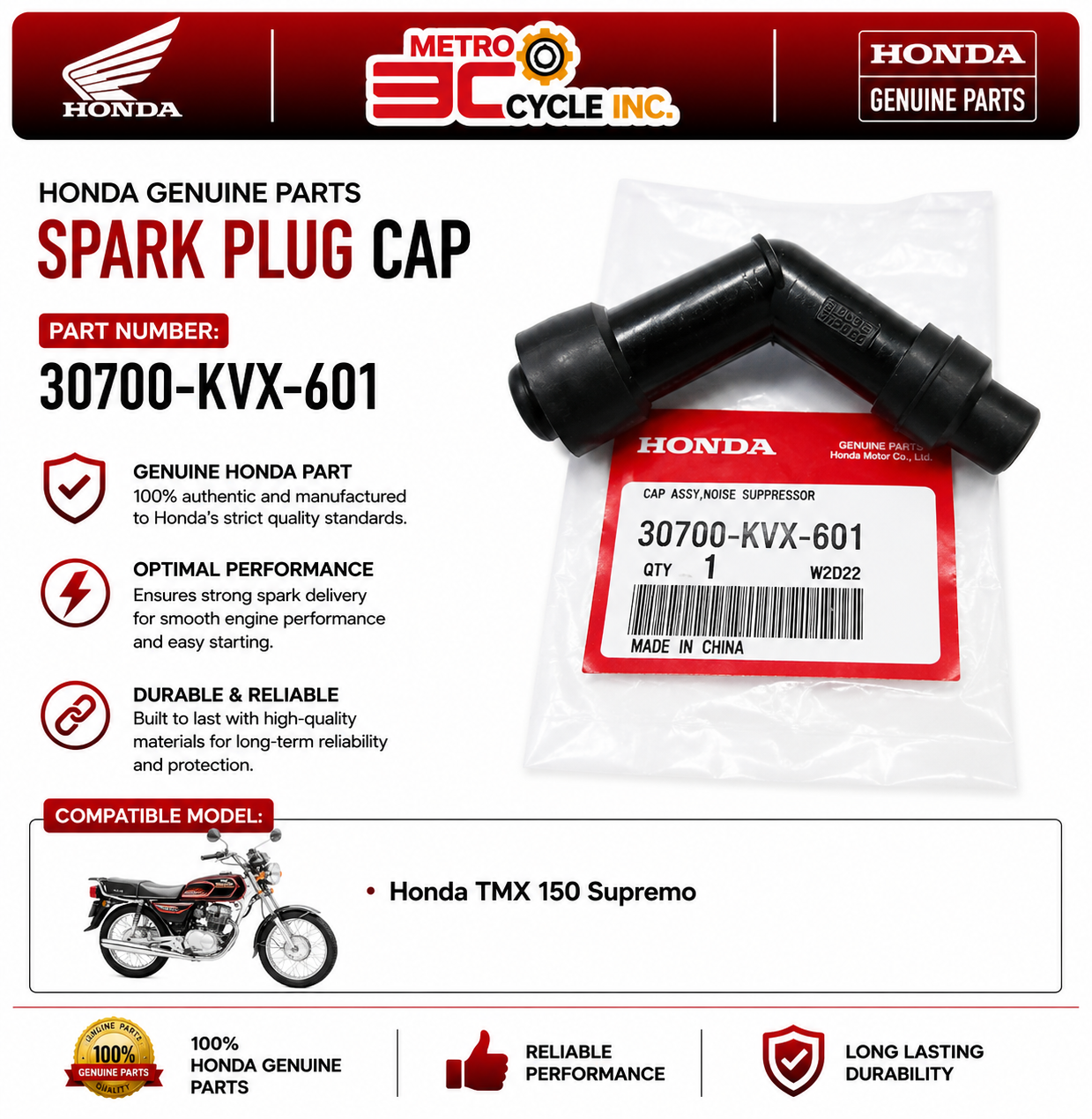 Honda Genuine Spark Plug Cap 30700KVX601 for Supremo Supremo