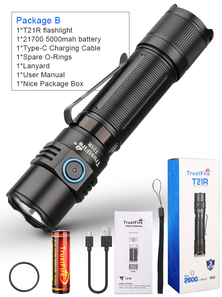 Trustfire T21R Tactical Led Flashlight 2600 Lumen Type C Rechargeable ...