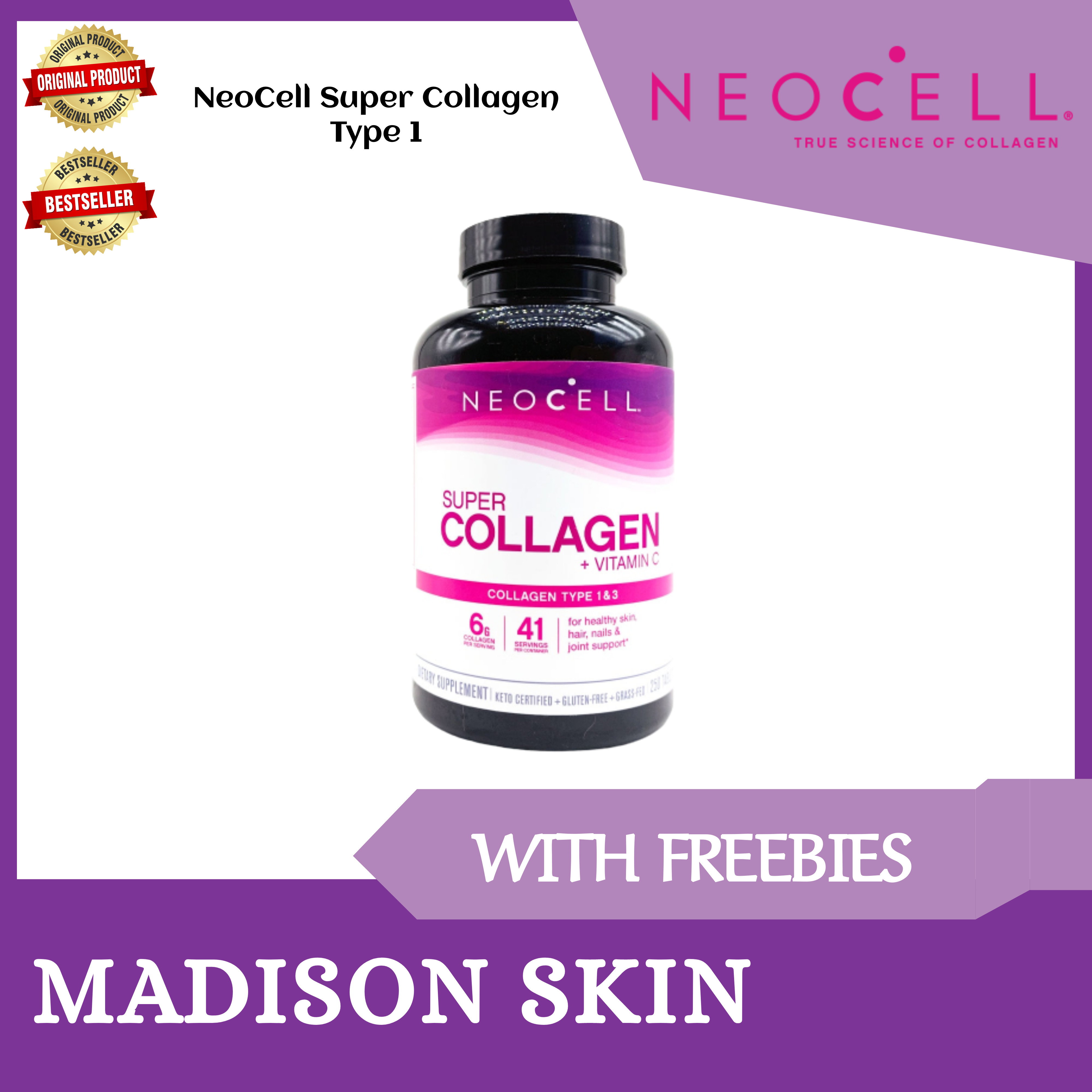 MADISON SKIN NeoCell Super Collagen Type 1 and 3 plus C Tablets, Bottle