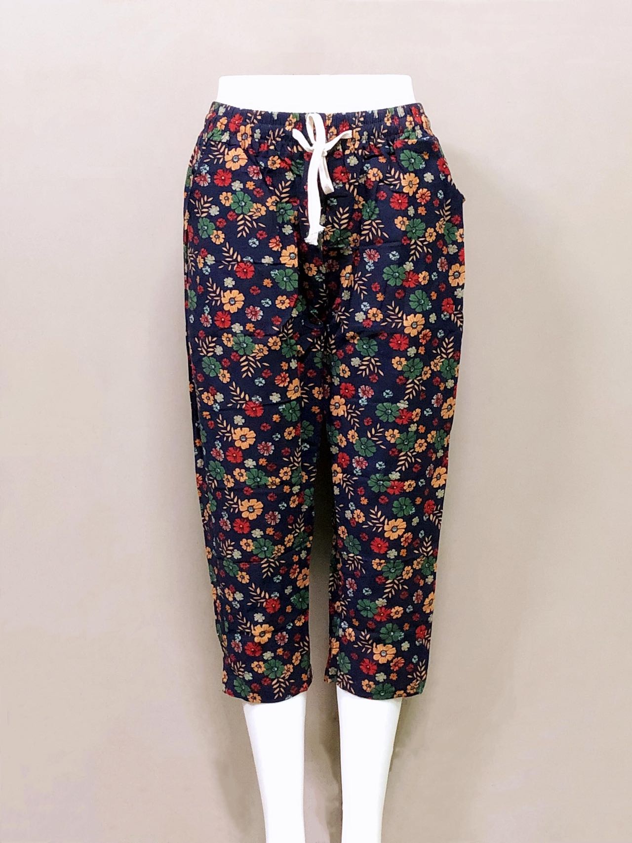 TY. Korean 3/4 elastic waist loose harem pants floral printed pockets pants  cotton linens pants #705