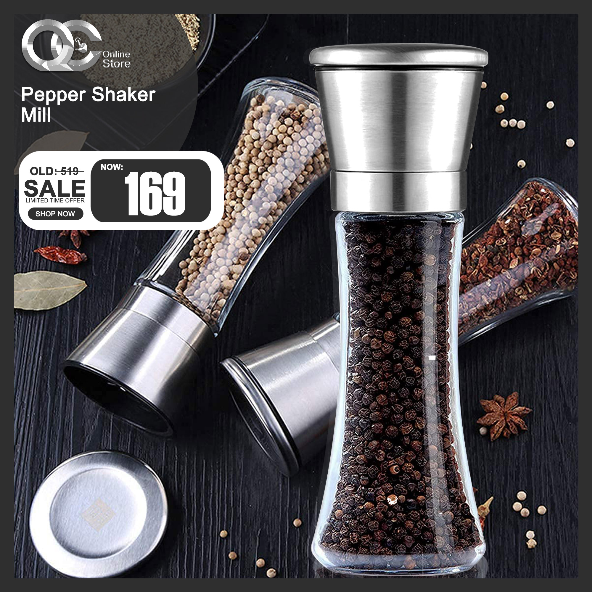 Salt and Pepper Shakers Set Grinder Set Pepper and Salt Mill for Adjustable  Coarseness for Black Peppercorn, Sea Salt, or Spices, Stainless Steel and  Glass Salt & Pepper Mill (2-Pack) 