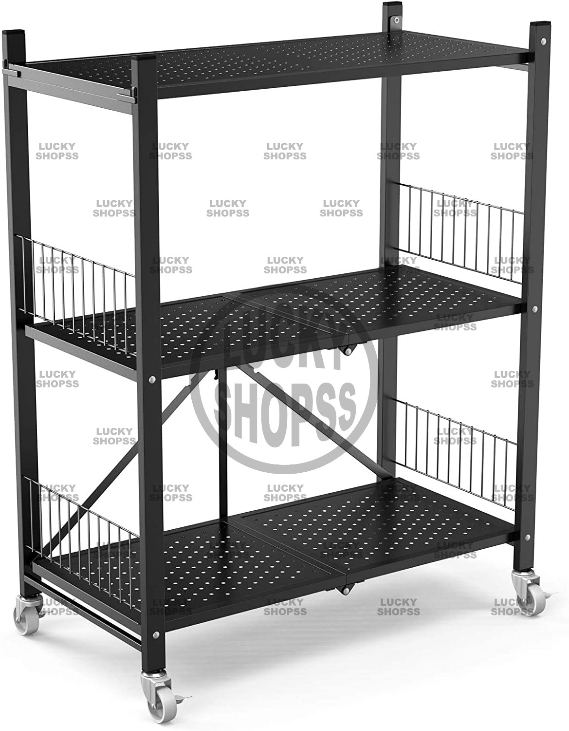 3 Layers Foldable Storage Shelves with Wheels,Metal Storage Shelving