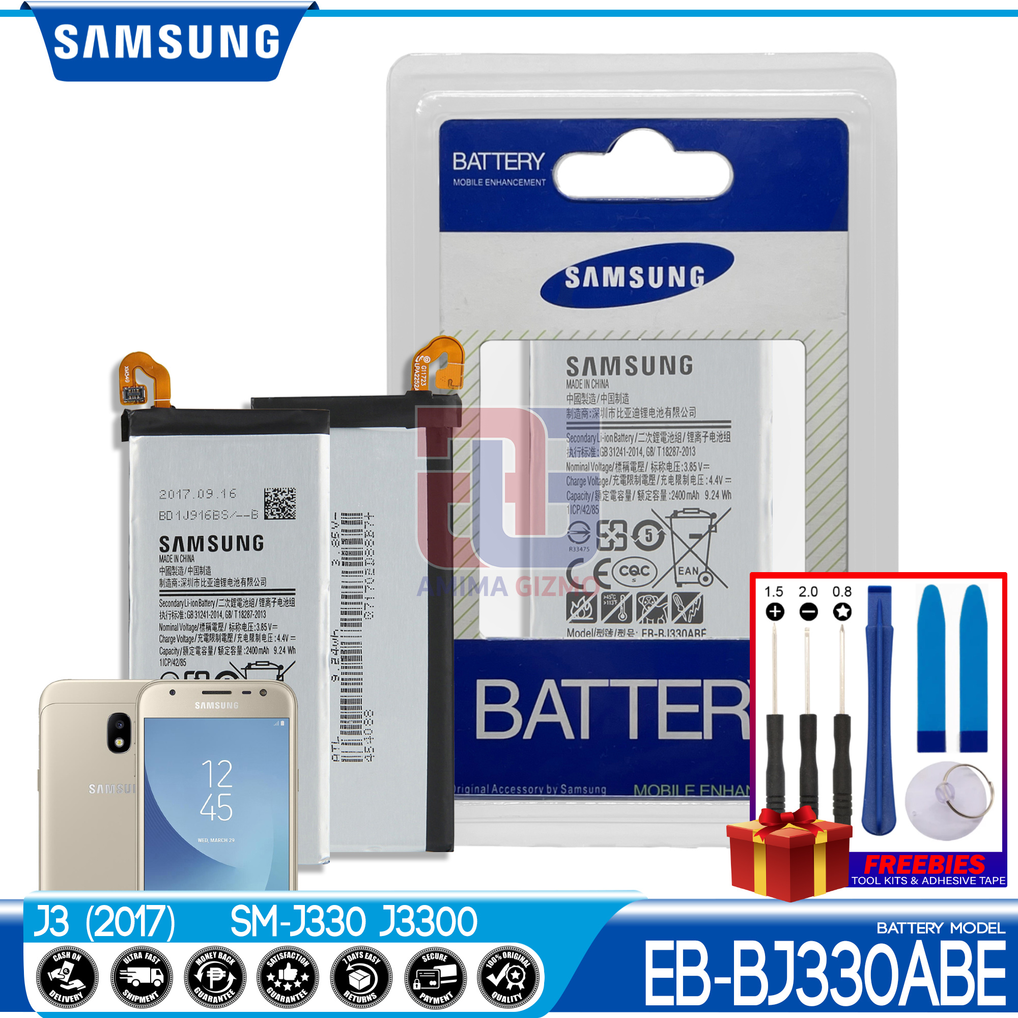 Samsung Galaxy J3 17 Battery Original Quality And Capacity Model Eb Bj330abe Fit For J3 Pro 17 Sm J330f Ds Amima Gizmo Built In Replacement Same Size As Authentic Smart Phone Batteries Support Fast Charger