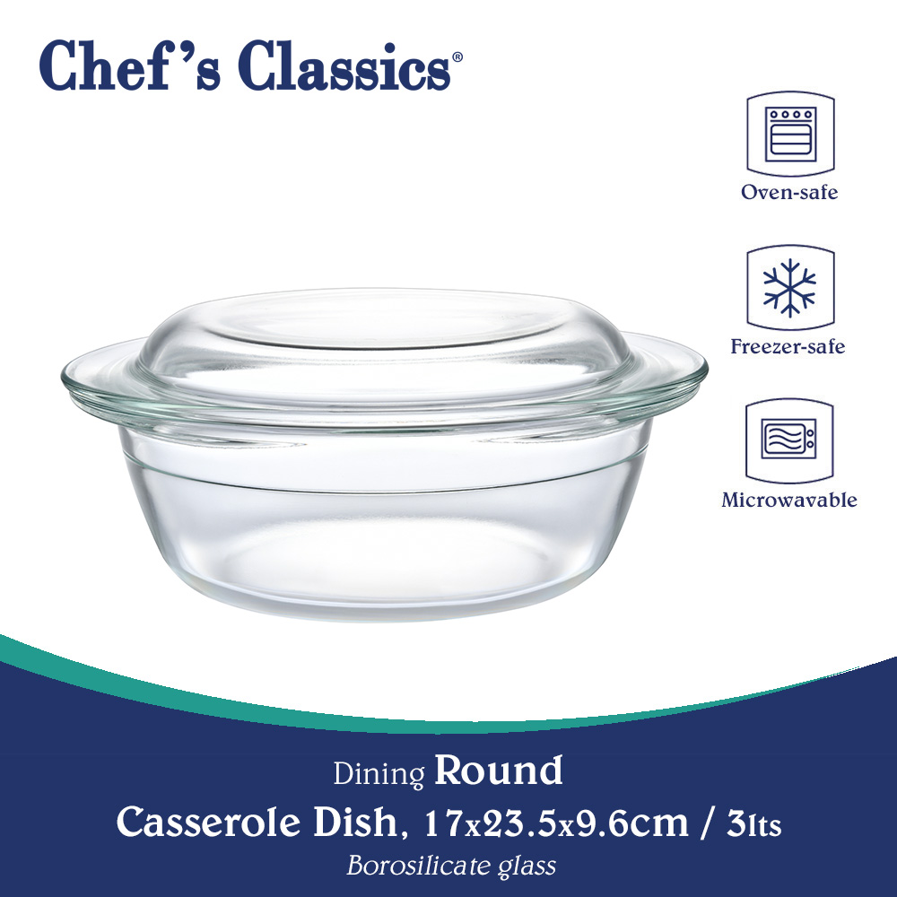 Chef's Classics Dining Glass Round Casserole Dish, 17x23.5x9.6cm / 3lts