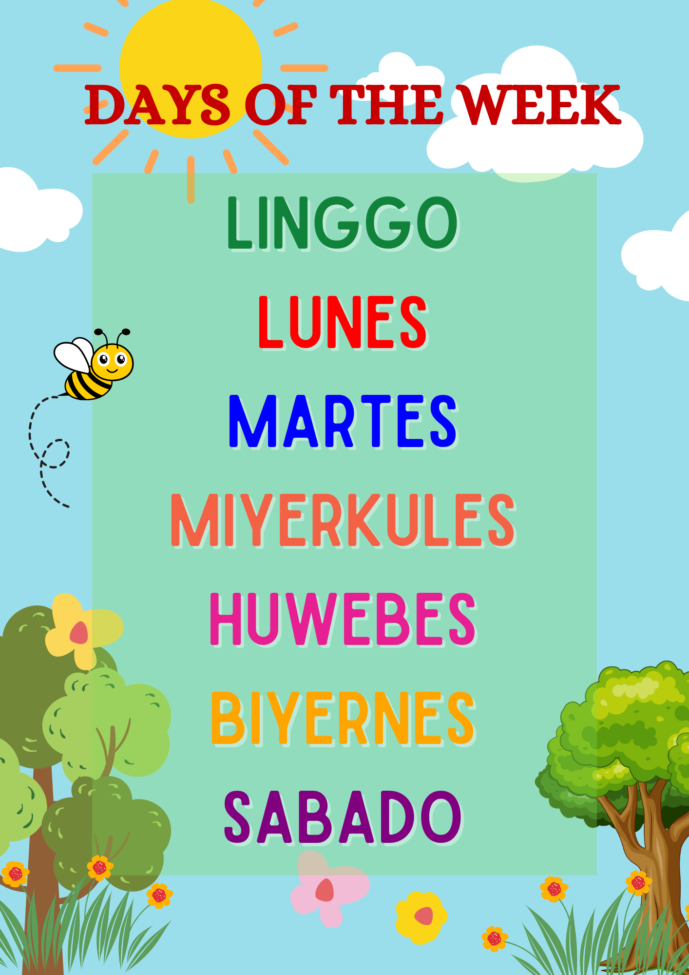 DAYS OF THE WEEK ENGLISH TAGALOG Educational Wall Chart Posters for