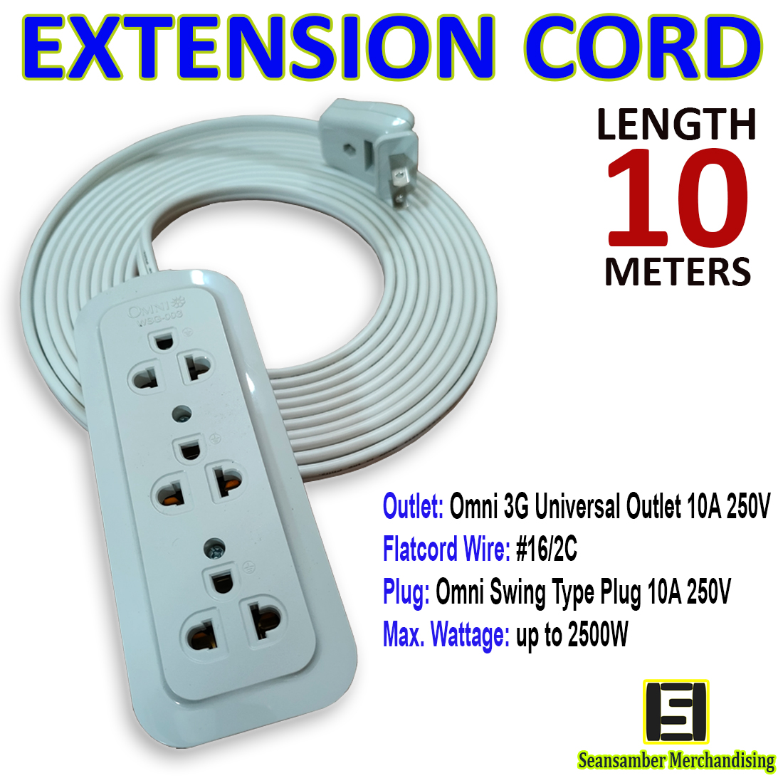 10 Meters Extension Cord with Omni 3Gang Universal Outlet and Swing Type  Plug