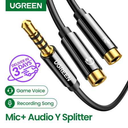 Ugreen Audio Splitter Earphone Extension Cable Headphone Mic Y Adapter Cable, 3.5mm Audio Male to Separate Stereo Aux Female Jack & Microphone Female Jack Compatible for PS4, Xbox, Laptop, Phone, PC Gaming Headset