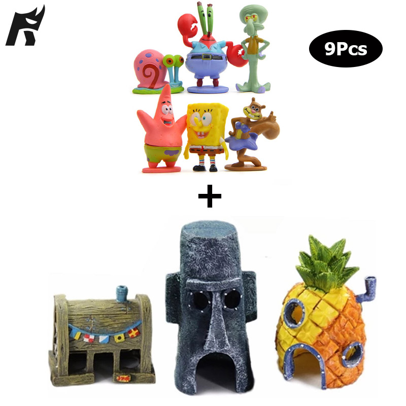 9Pcs/Set SpongeBob Aquarium Decoration Cartoon House for Fish Tank