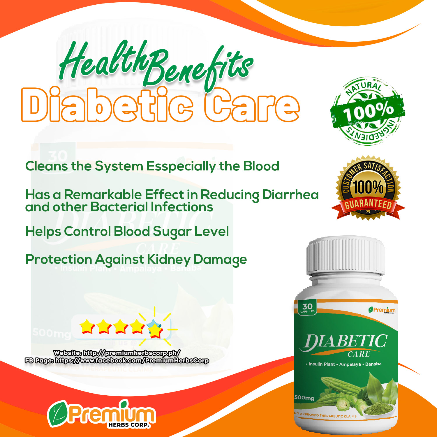 PHC01A Diabetic Care Supplement (30 Capsules) with Insulin Plant Ampalaya Banaba for Highblood