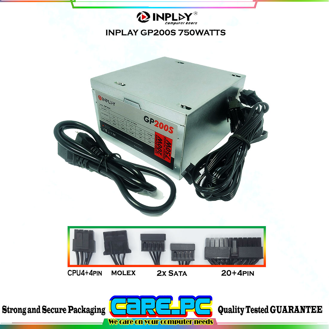 INPLAY ATX POWER SUPPLY, GP200B 750W, 8PIN CPU, 2SATA, 1MOLEX, 350
