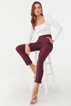 burgundy striped trousers