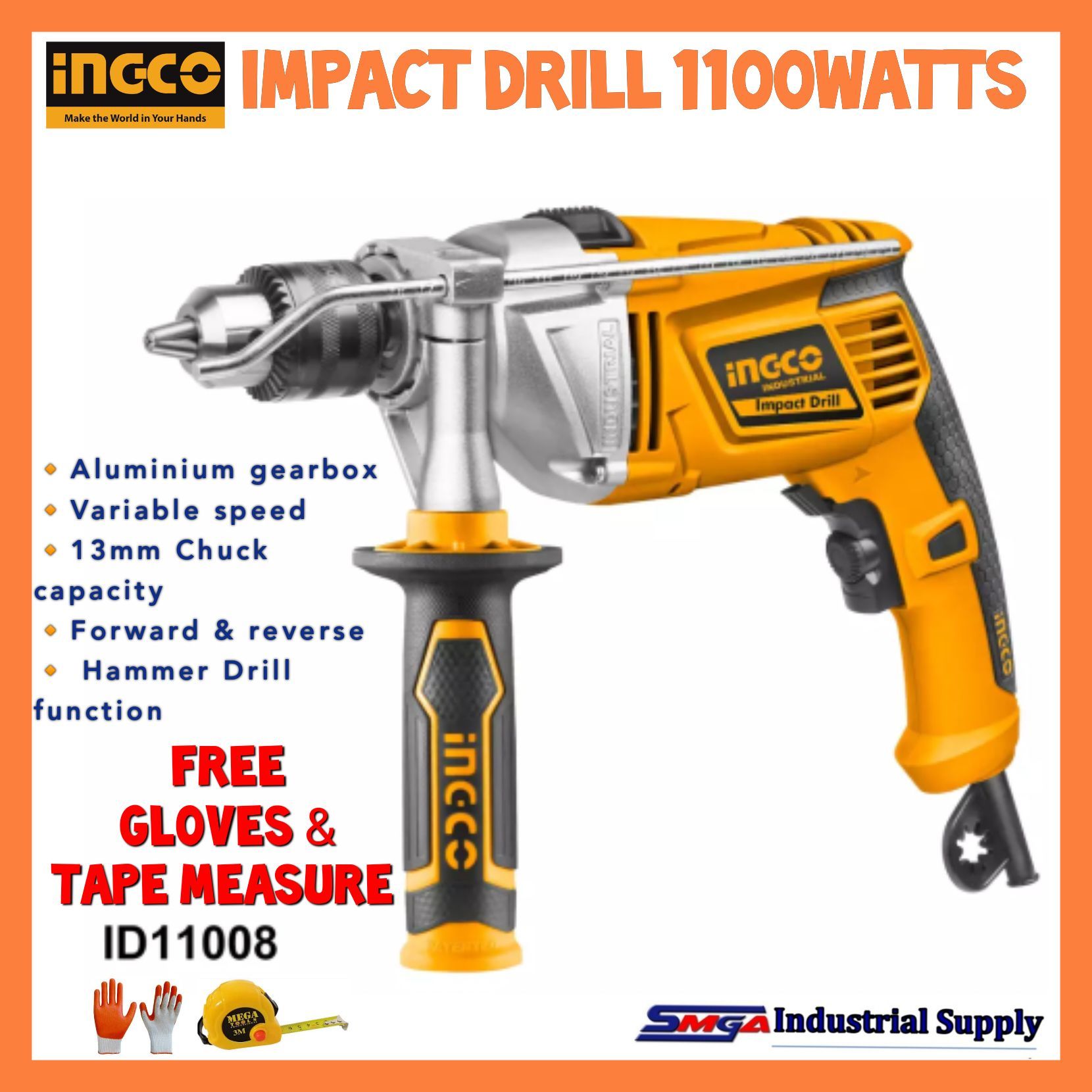 Ingco Impact Drill 1100w ID11008 gloves and measuring tape | Lazada PH
