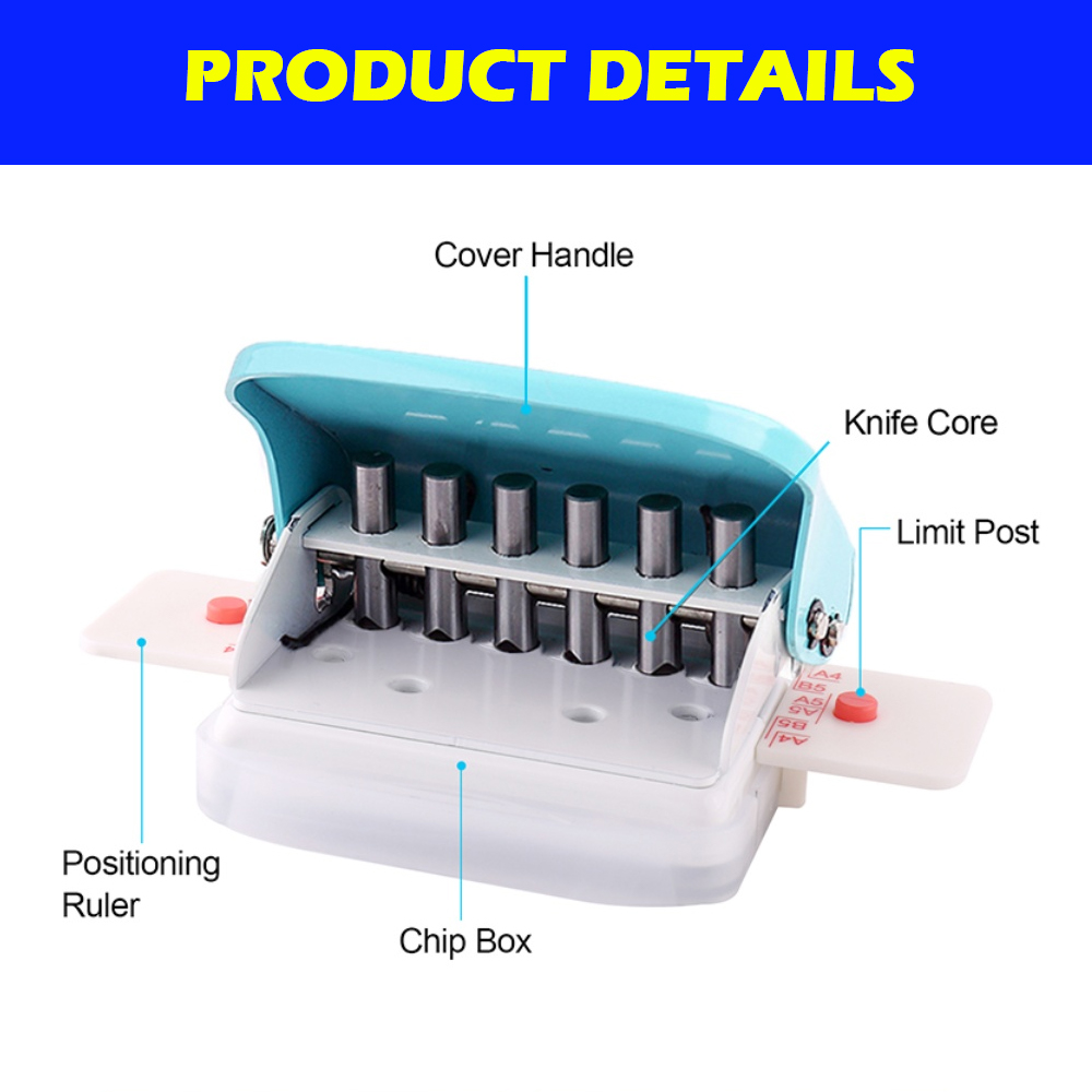 KW-trio 6-Hole Paper Punch Handheld Metal Hole Puncher 5 Sheet Capacity 6mm  for A4 A5 B5 Notebook 