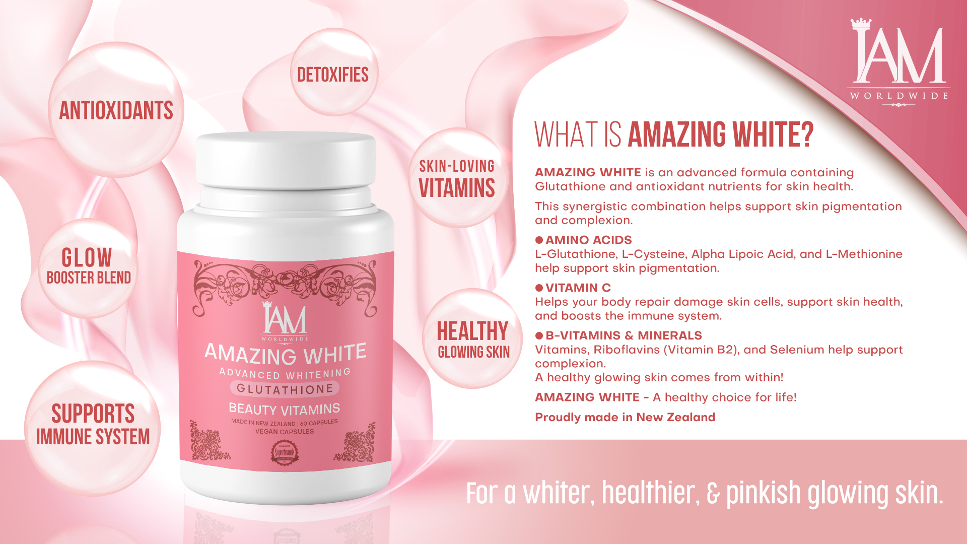 iam glutathione IAM Worldwide Amazing White Glutathione Antioxidant Advanced Whitening New Zealand Made 60 Capsules FREE SHIPPING - Lazada
