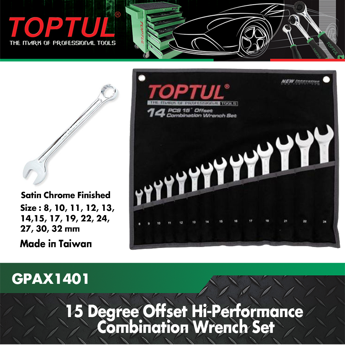 Toptul 15° Offset HiPerformance Combination Wrench Set 832mm