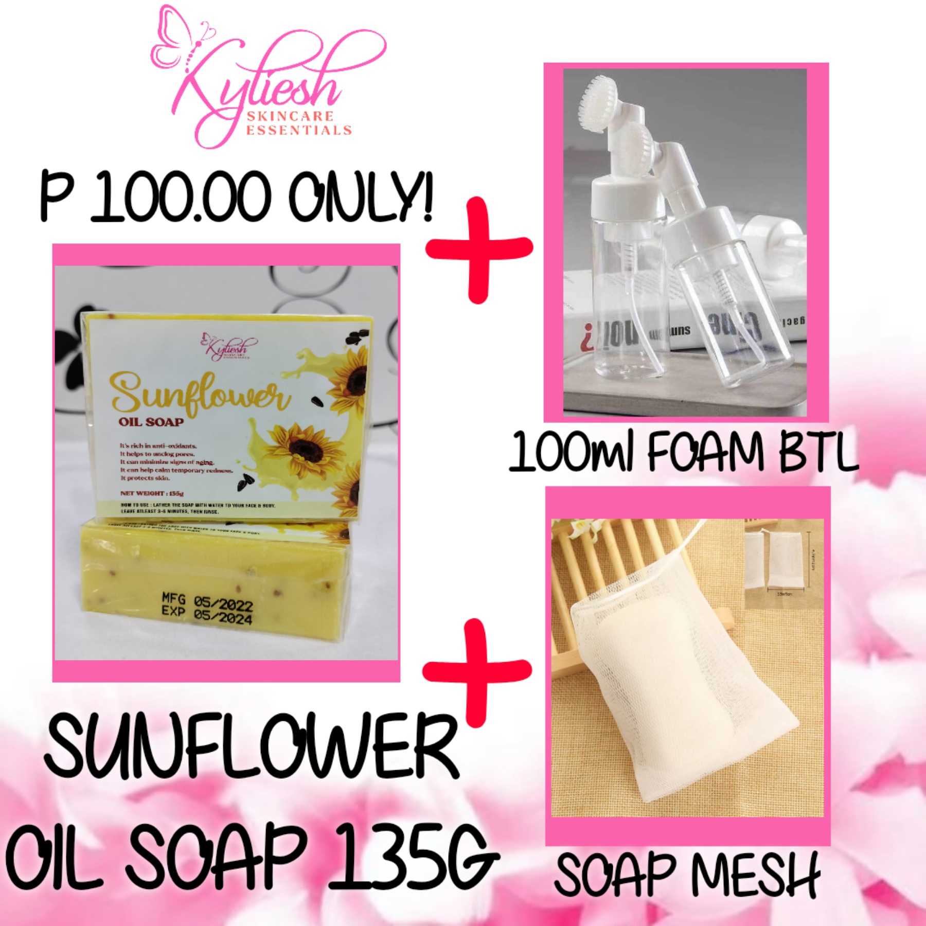 SUNFLOWER OIL SOAP 135G WITH PINK FOAMING BOTTLE BRUSH 100ML & SOAP