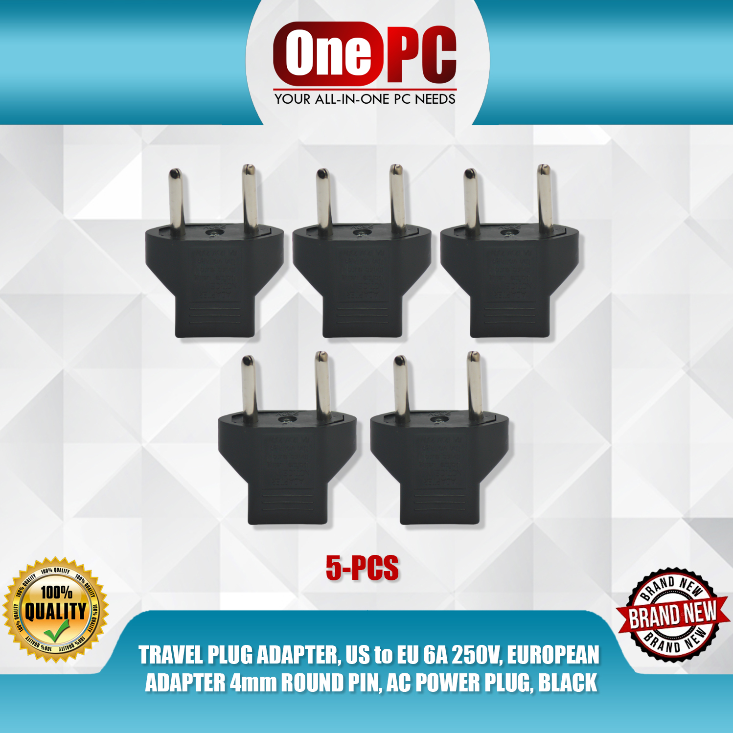 TRAVEL PLUG ADAPTER, US to EU 6A 250V, EUROPEAN ADAPTER 4mm ROUND PIN