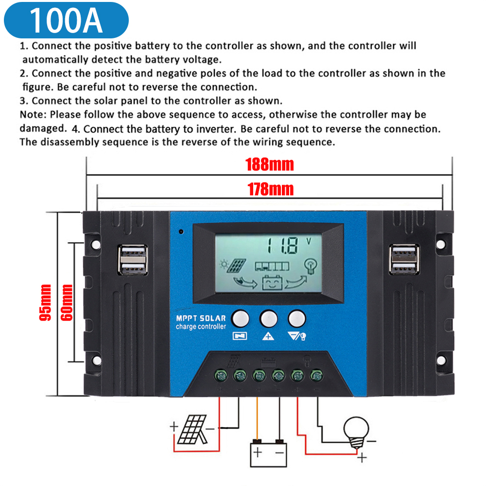 30-100A Bộ điều khiển sạc năng lượng mặt trời mới LCD USB 12V/24V Bảng điều khiển năng lượng mặt trời Bộ điều chỉnh sạc pin ô tô Bộ phận năng lượng mặt trời PV