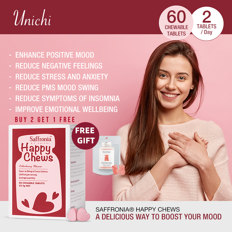 【Unichi】 Saffronia Happy Chews Happy Mood Relieve Stress 60 Chewable ...