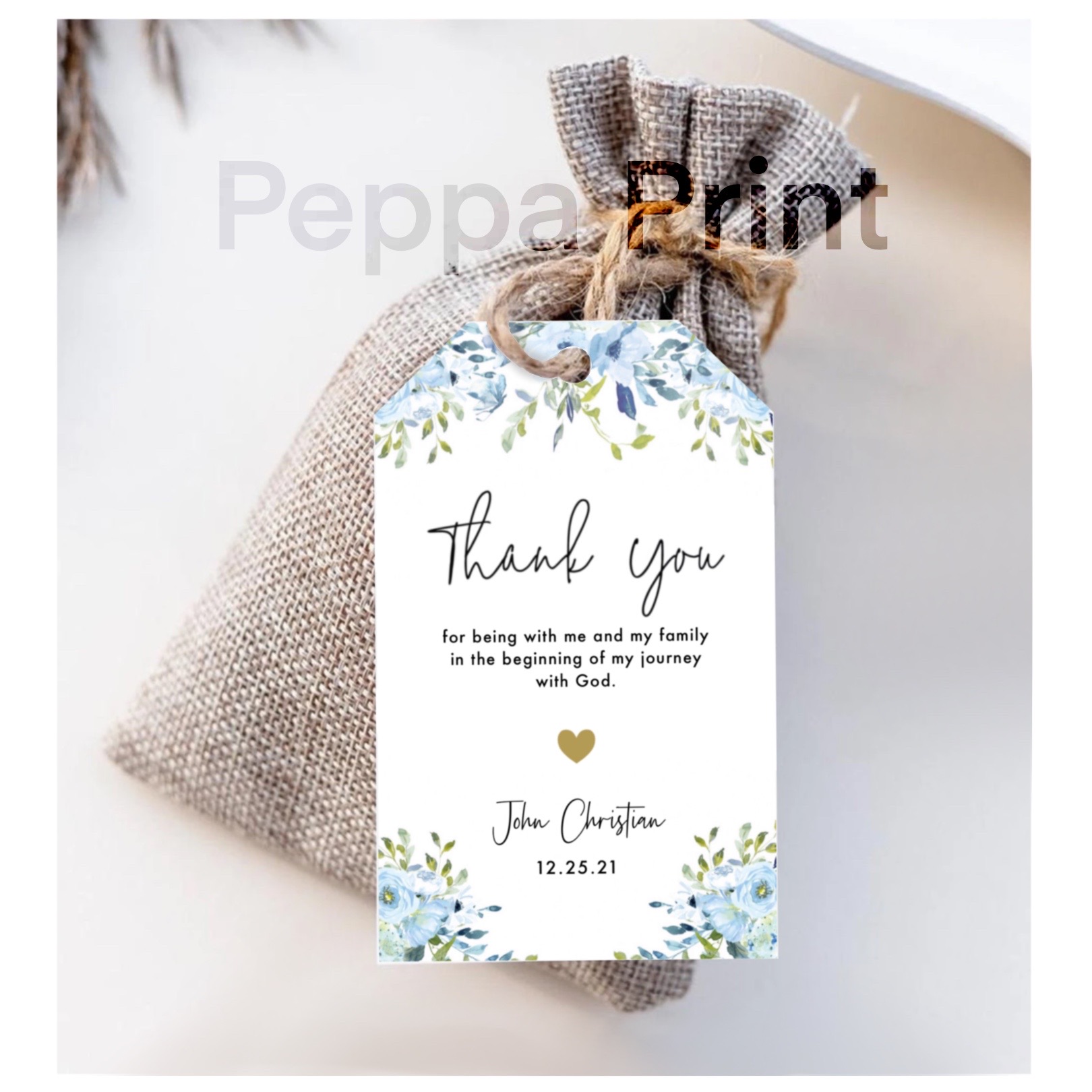 Blue floral thank you hang tags for baptism dedication birthday