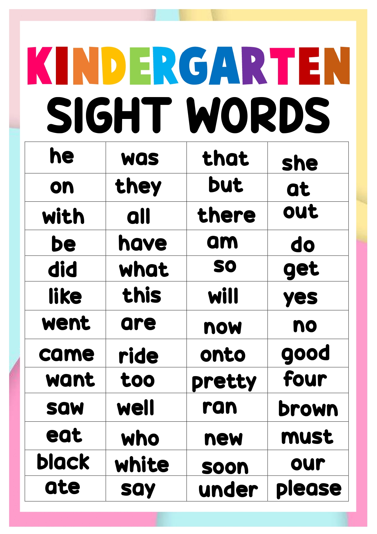 Sight Words Laminated Chart for Kids A4 Size ( Kindergarten, Pre-School ...