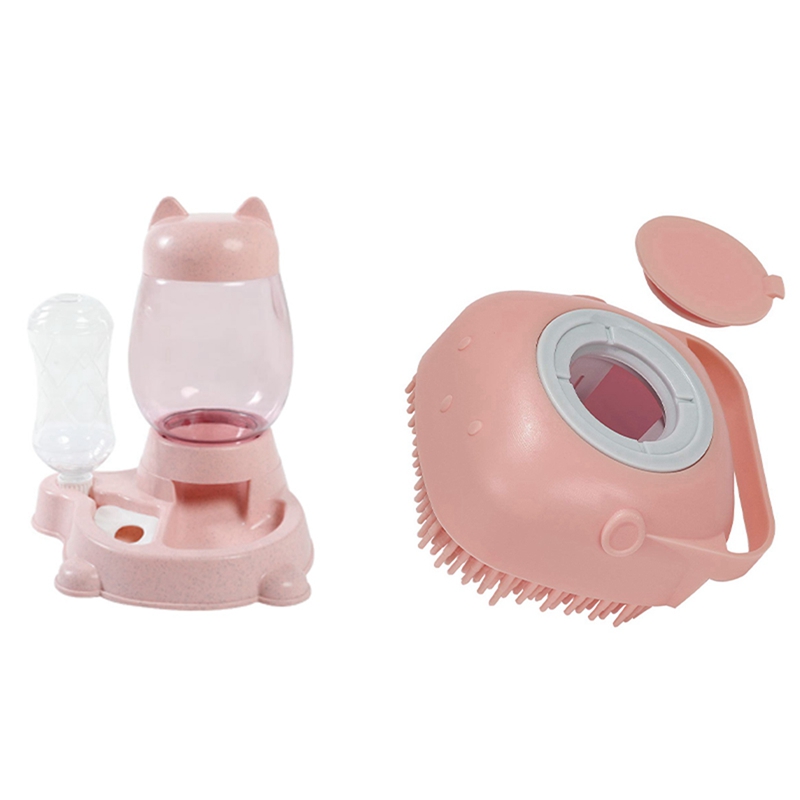 1 Pcs Pet Cat Dog Bowl Fountain Automatic Feeder Dispenser & 1 Pcs Dog Silicone Rubber Bathing Brush