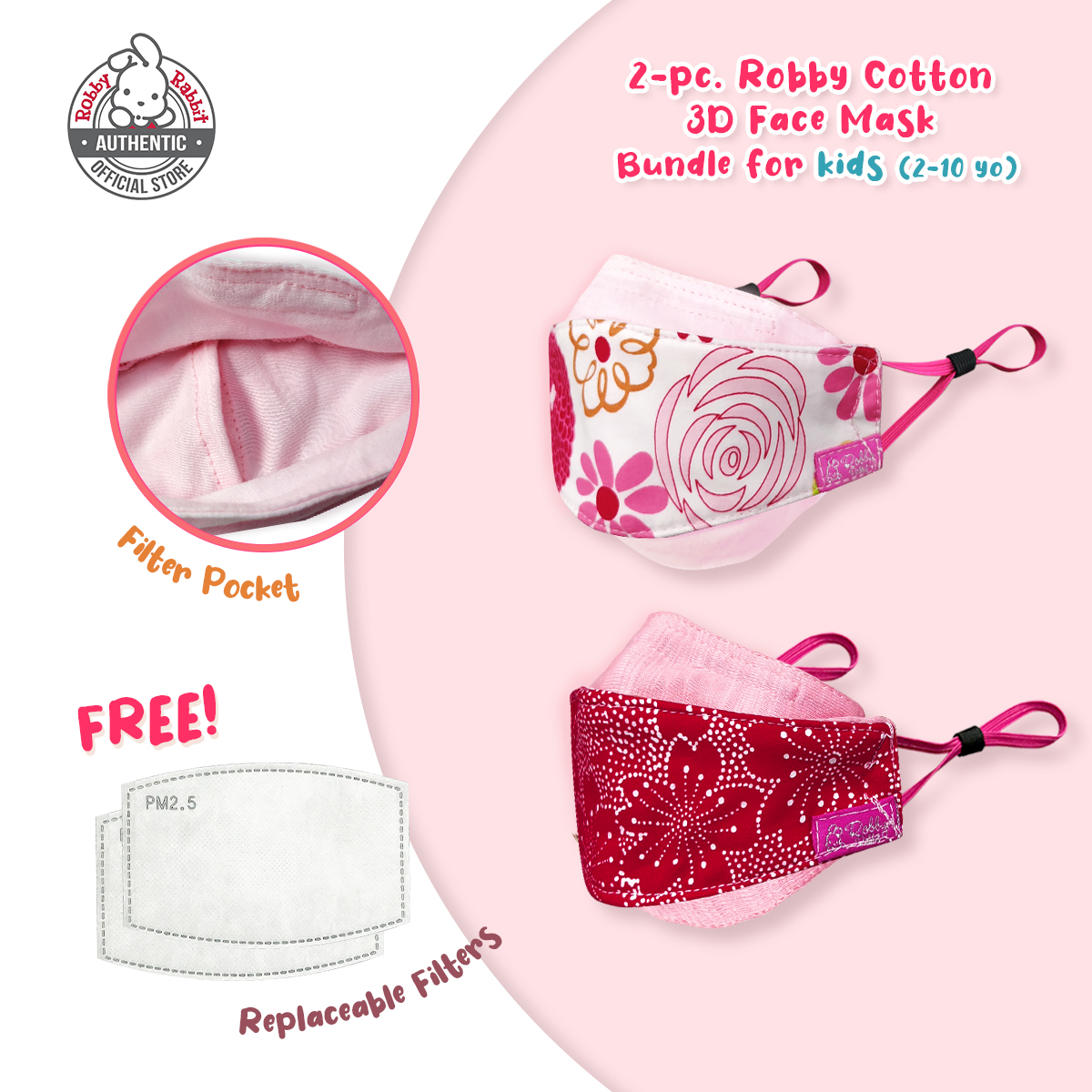 Robby Rabbit Girls Set of 2 Adjustable 3D Cotton Masks with PM2.5 ...