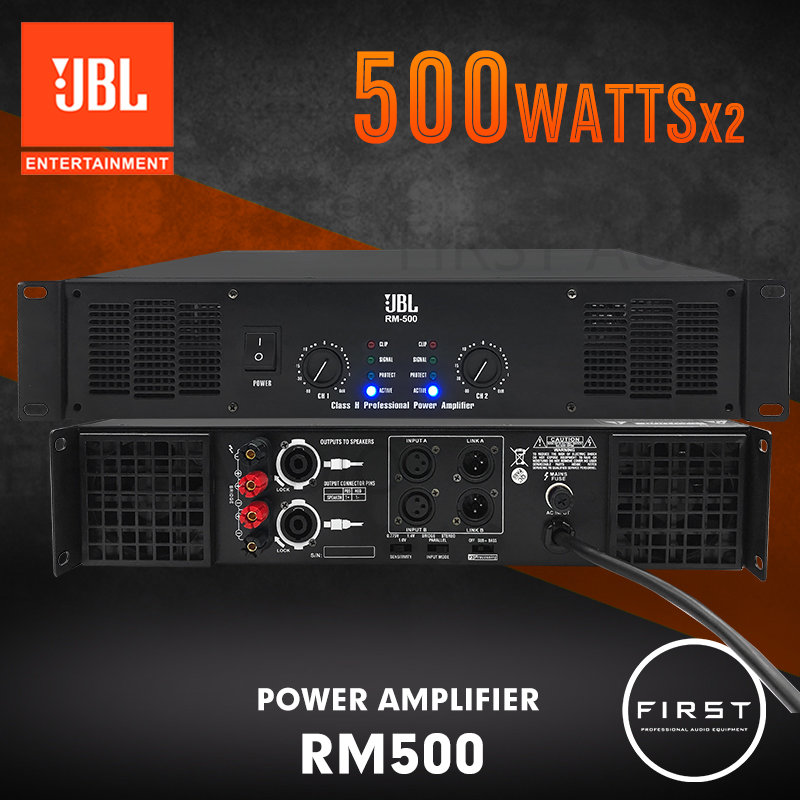 Authentic JBL RM500 audio Power amplifier, connected to speakers 2 ohms