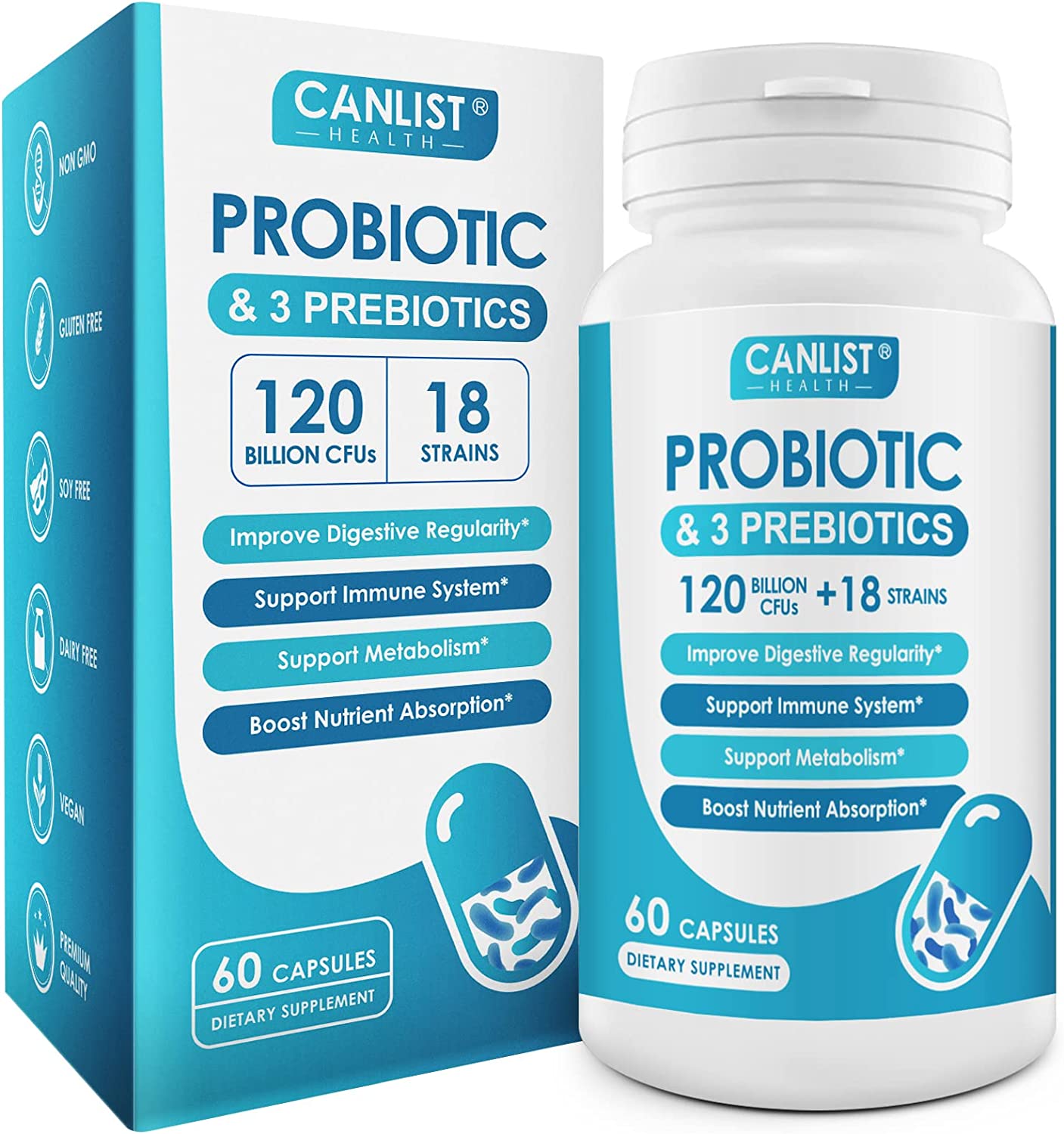 Probiotics 120 Billion Cfus Canlist 18 Strains 3 Prebiotics And Digestive Enzymes For Men Women