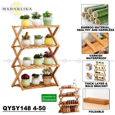 Maharlika QYSY148 4-50 4 Layer Space Saving Bamboo Plant Rack & Shoe Rack Organizer Wooden Storage Shelves Stand Shelf Foldable Sturdy Wooden Shoe & Plant Organizer