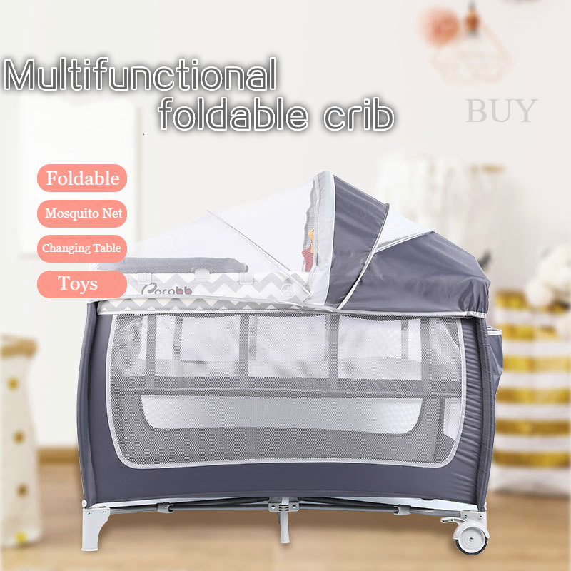 Multifunctional Baby Crib Foldable Baby Bed with Diaper Table Kid Game Bed