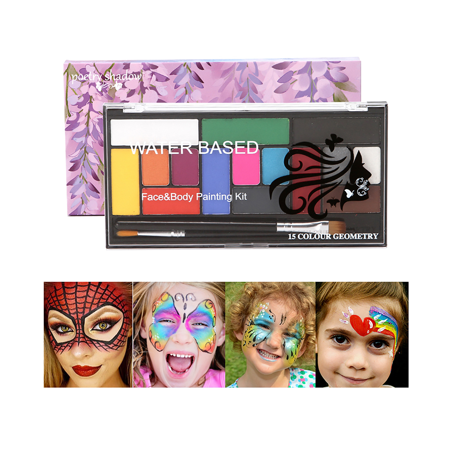 Professional 15 Colors Face Body Paint Kit with 2 Brushes Washable Face ...