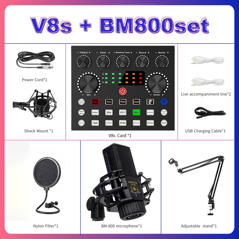 Original V8S Sound Card Complete Set with Microphone USB External Sound Card Headset Microphone