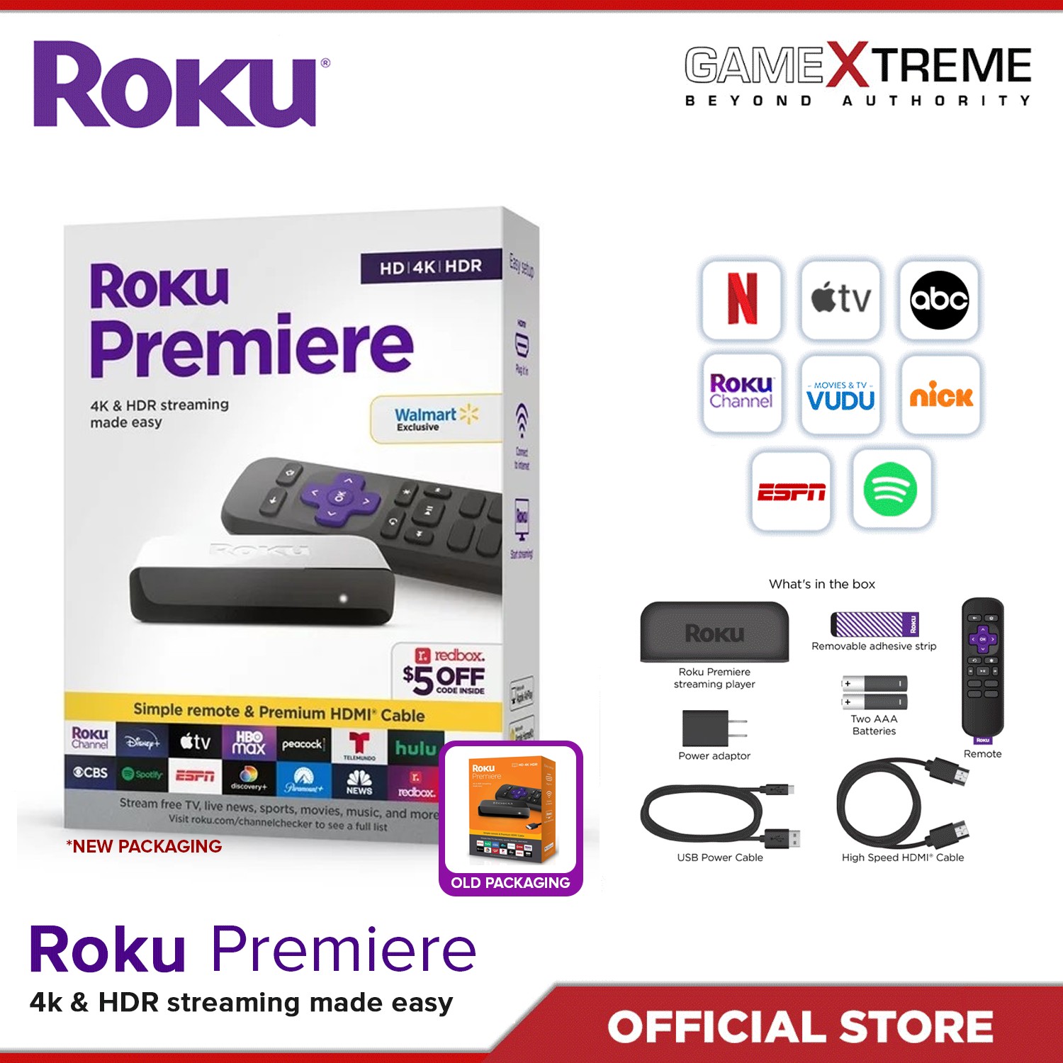  Roku Premiere  HD/4K/HDR Streaming Media Player, Simple Remote  and Premium HDMI Cable, Black : Electronics