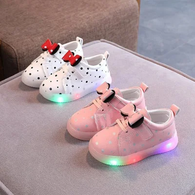 New Arrival (2-6 Years Old) Kids Cute Bow LED Light Shoes Lovely Girls Soft Leather Velcro Anti-skid Casual Shoes T20N12LS-16