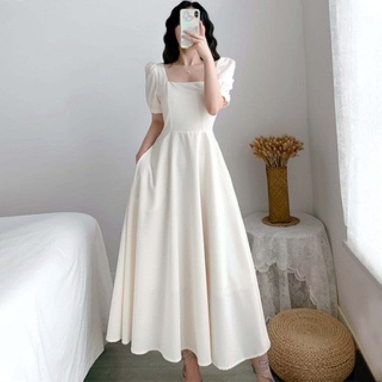 #🌟 plain midi simple elegant white dress for civil wedding sexy puff ...