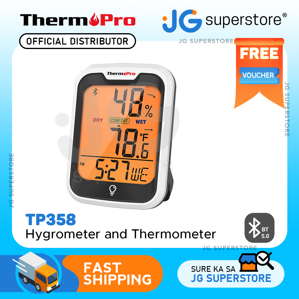 ThermoPro TP358 Bluetooth Thermometer for Room Temperature with Built-in Clock, Smart Temperature Sensor and Humidity Meter with Backlit, 260ft