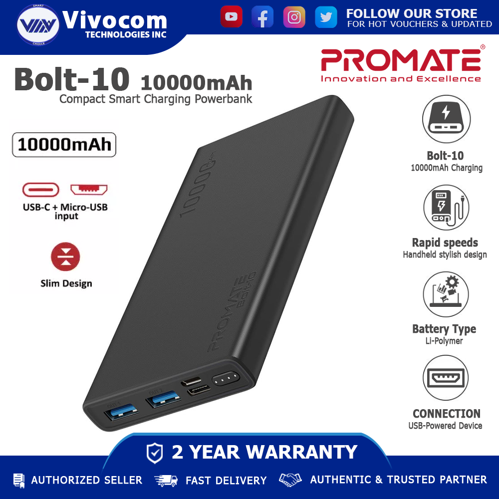 Promate Bolt10 (Black) 10000mAh Compact Smart Charging Powerbank with