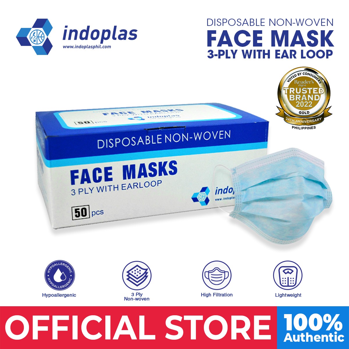 indoplas disposable face mask 3 ply with earloop