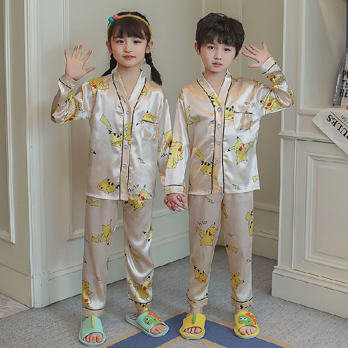 Korean Unisex Boy Satin Silk Sleeping Wear Cartoon Korean Pajama