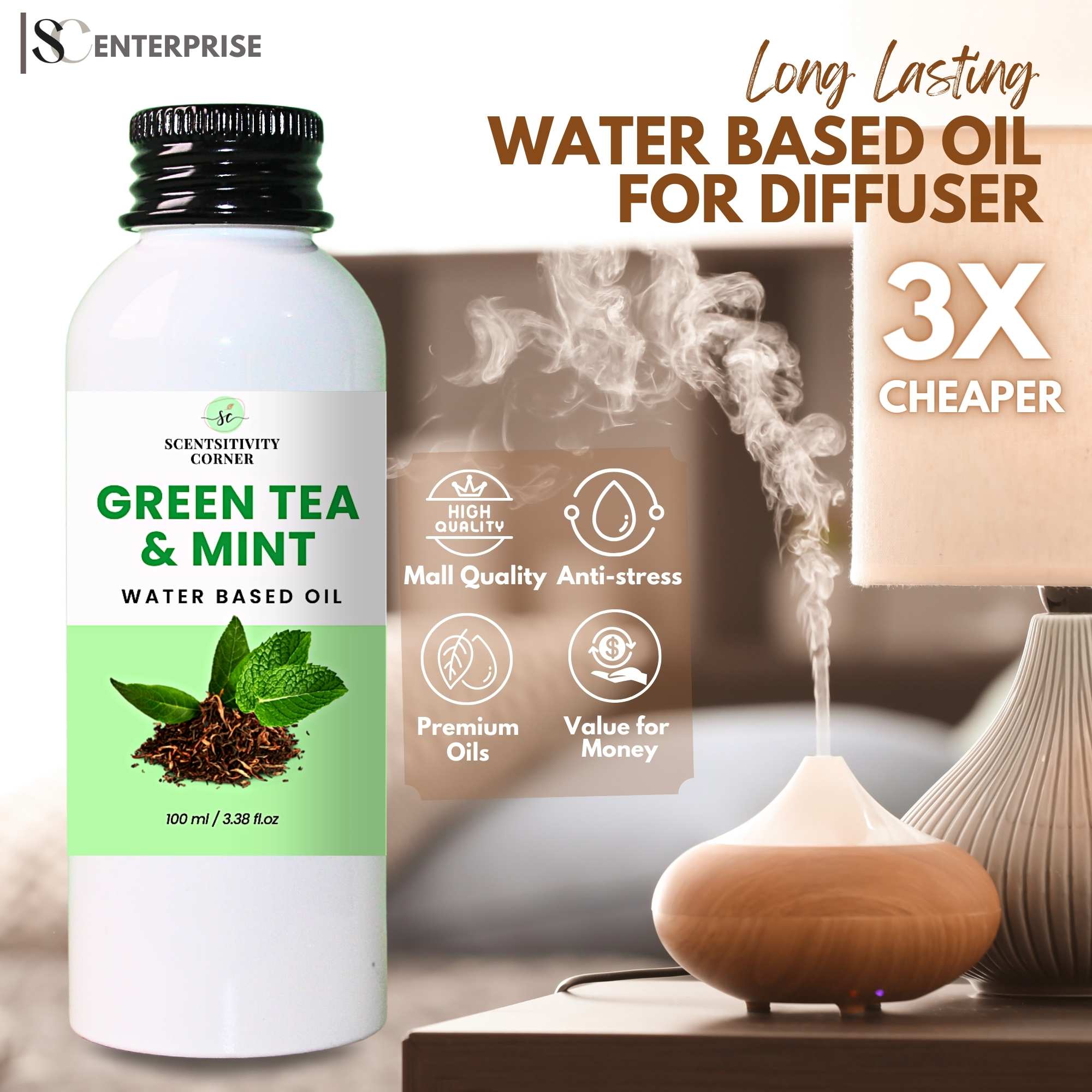 GREEN TEA & MINT Water based Oil, Fragrance Oil, Humidifier Scent for