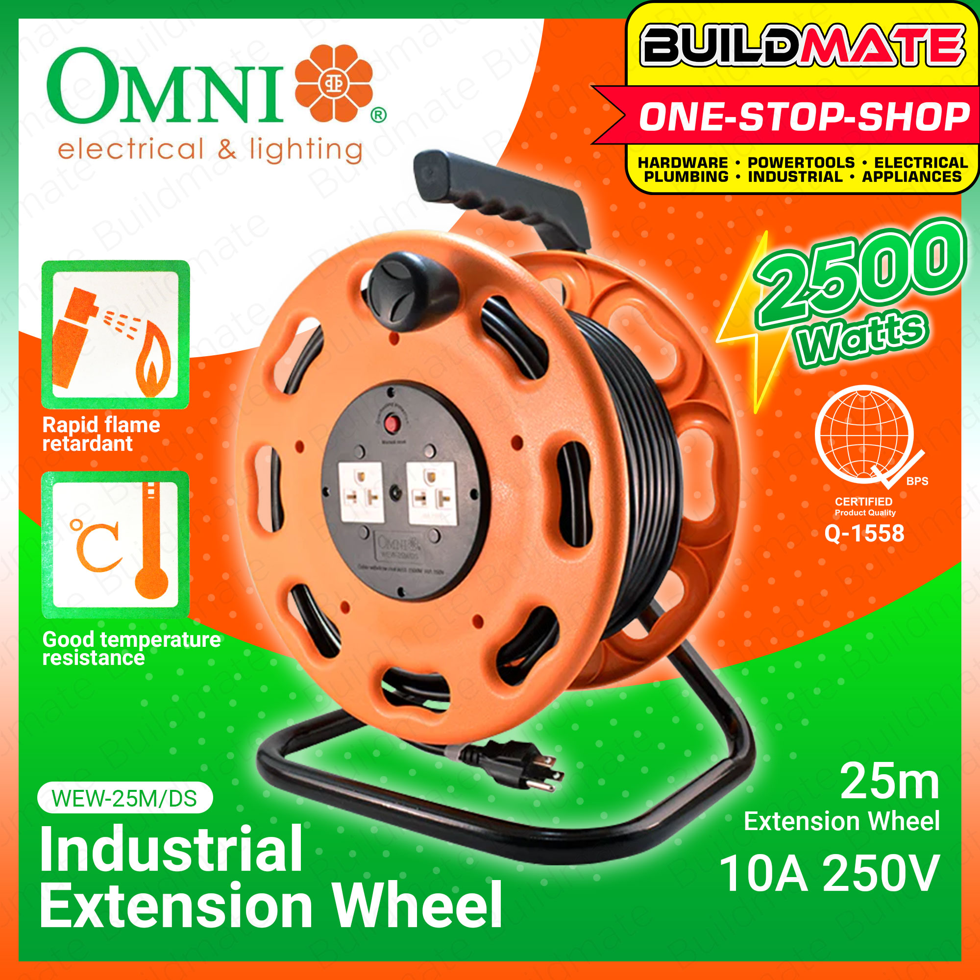 OMNI Industrial Extension Cord Wheel Power Strip 25M 10A 250V Heavy