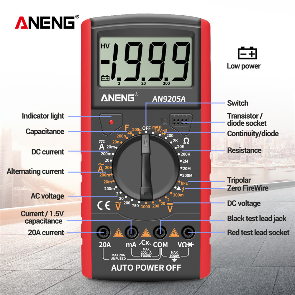ANENG AN9205A Digital Multimeter 3 1/2 LCD Display 1999 Count Manual Range Meter AC DC Resistance Capacitance Transistor Tester Ammeter with Backlight NCV Test Meter
